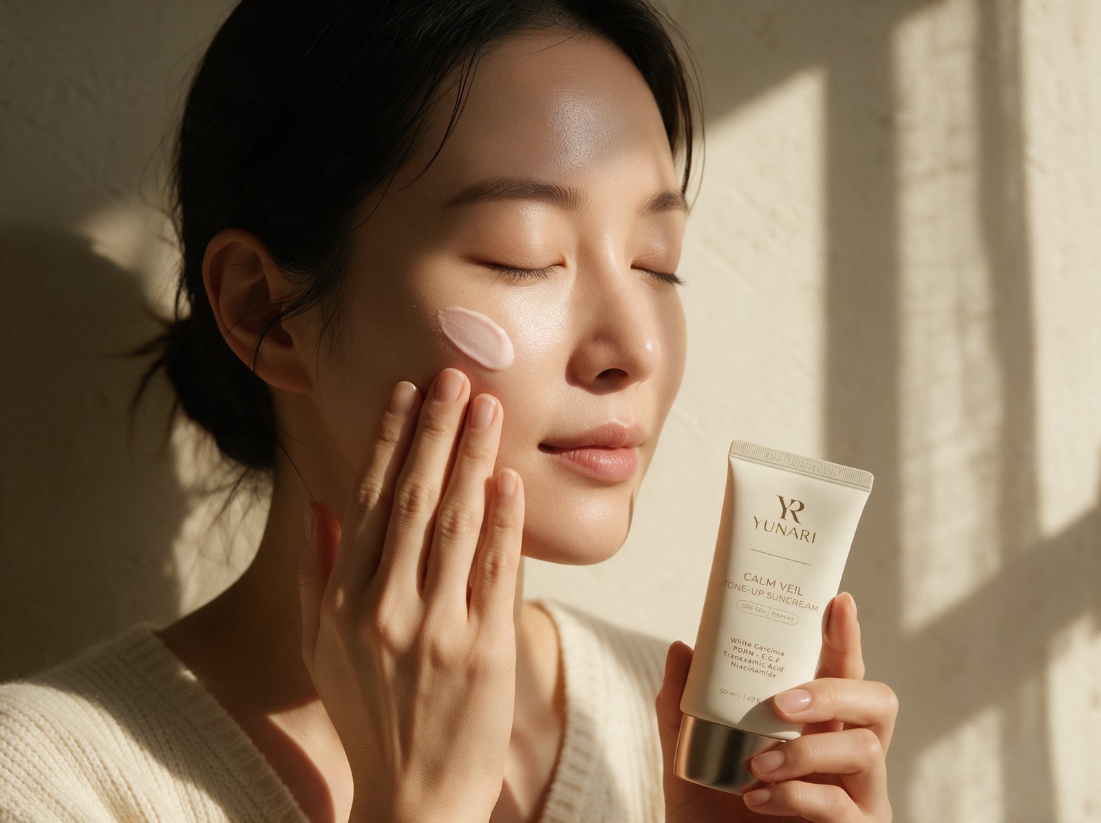 톤업 선크림을 바르는 모델